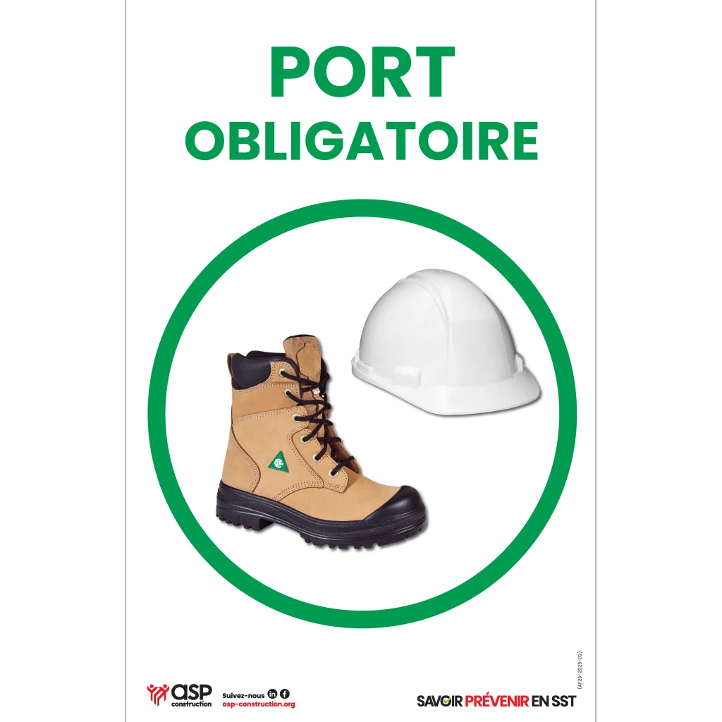 Port obligatoire des bottes et du casque de sécurité, 28 cm x 43 cm