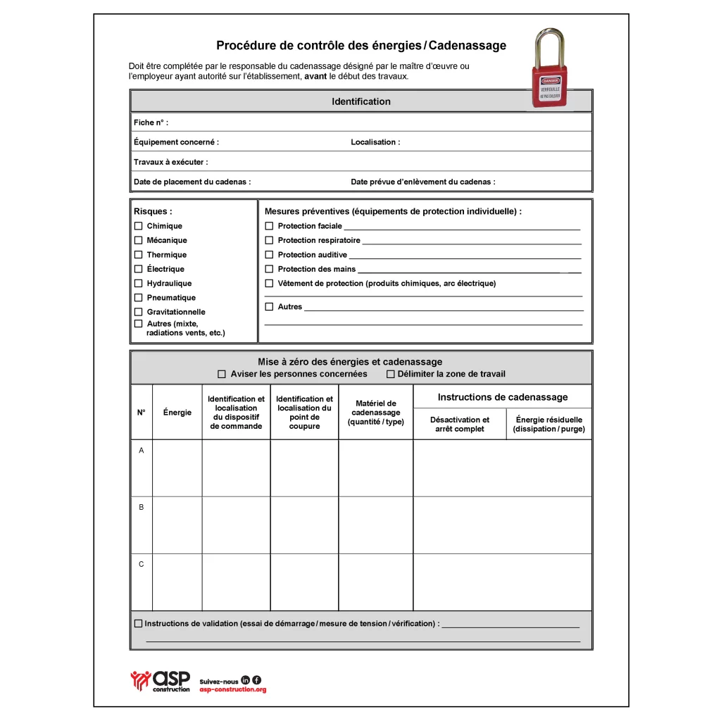 Procédure de contrôle des énergies / Cadenassage